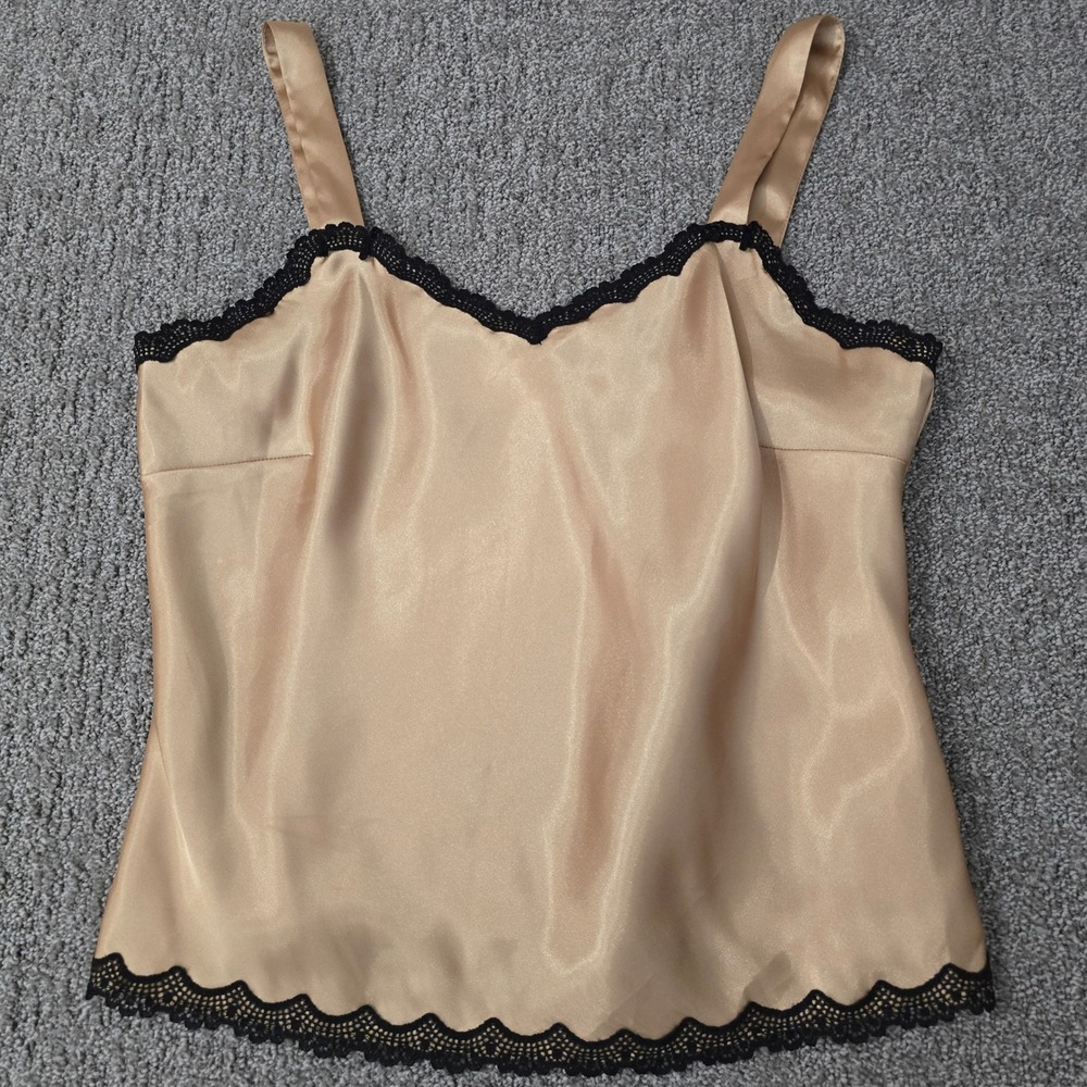 Studio I Satin Camisole Top Gold Black Lace Trim Y2K Lingerie Style Size 10